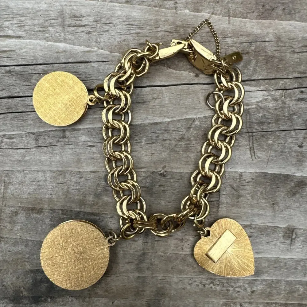 Vtg Monet Gold Tone Bracelet W/ 3 Charms Safety Chain Daughters Child Birthday